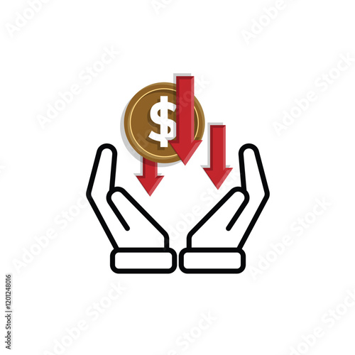 coin icon. money weakens or falls in hand. money management vector, business and finance icon, showing continuous movement. Mixed design style