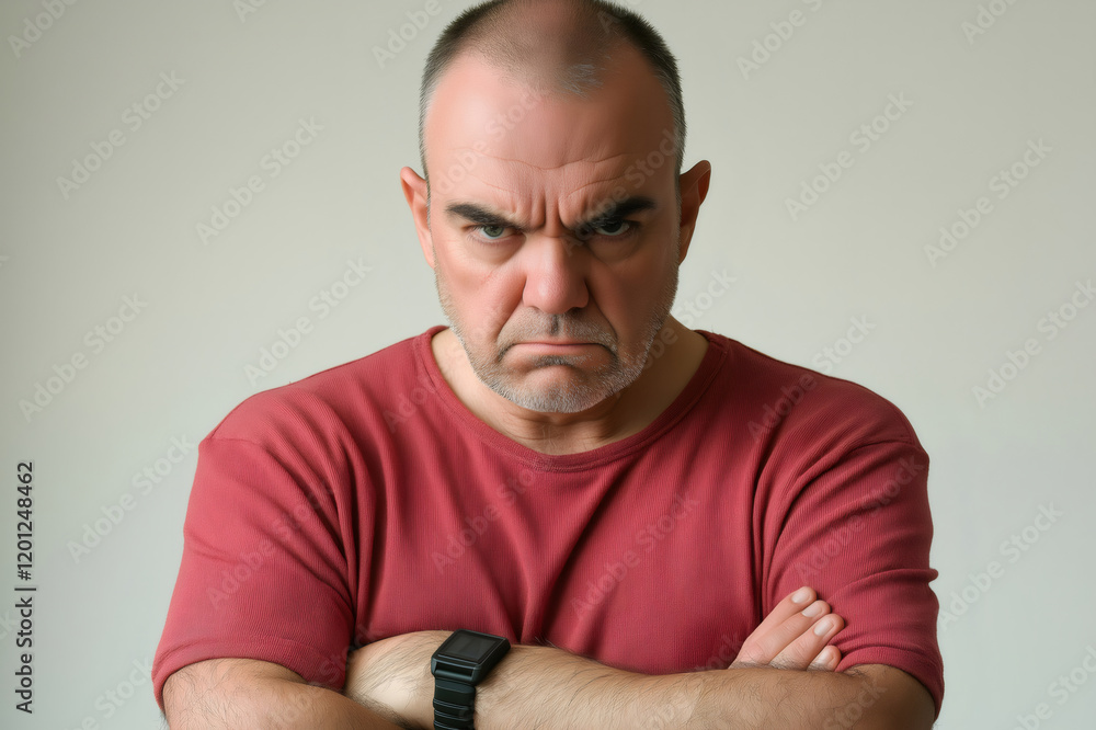 Fototapeta premium Portrait of a serious adult man crossing his arms and frowning, expressing disapproval or discontent on a simple white background