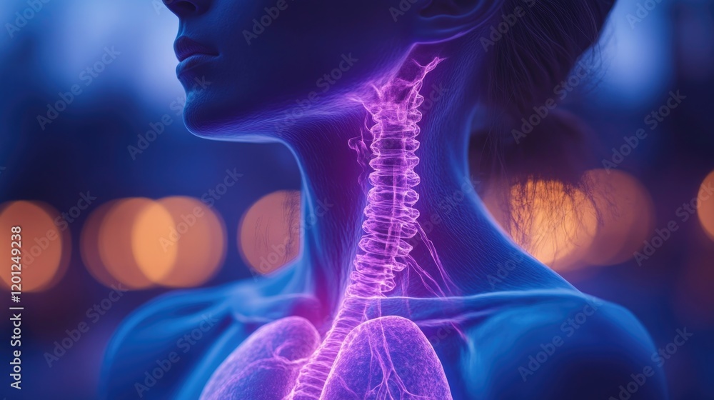 Digital visualization of human neck and spine with lungs in neon purple light. HMPV, Human metapneumovirus Digital visualization of human neck and spine with lungs in neon purple light. HMPV, Human metapneumovirus