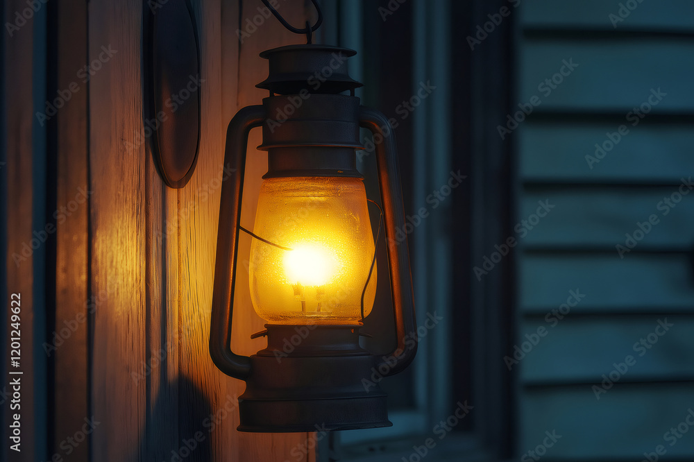 Old metal lantern hanging on a rustic wooden wall, casting a warm glow and creating a cozy atmosphere during the evening hours Old metal lantern hanging on a rustic wooden wall, casting a warm glow and creating a cozy atmosphere during the evening hours