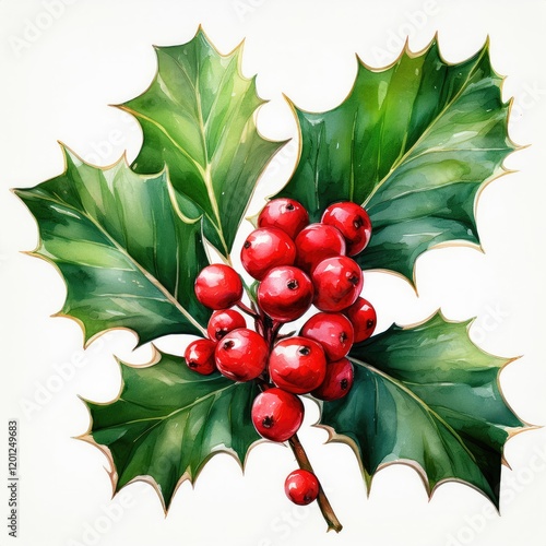 Festive Watercolor Painting of Holly Berries and Leaves Christmas Decoration Winter Botanical