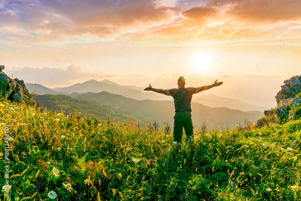Fototapeta premium man doing hiking sport in mountains with anazing highland view