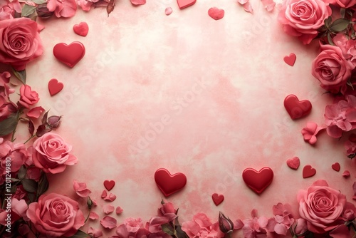 Pink roses and hearts create a romantic border on a textured pink background, perfect for valentine's day projects