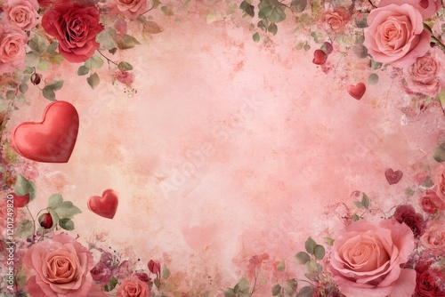 Pink vintage background featuring red and pink roses and hearts, creating a romantic atmosphere, perfect for valentine's day projects