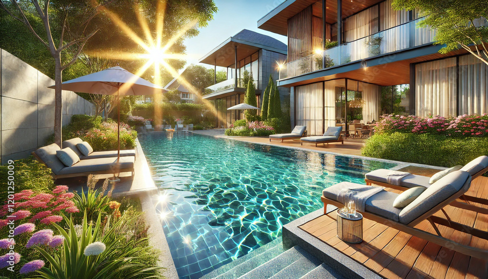 Fototapeta premium A pool with a sun shining on it. There are several lounge chairs around the pool. The pool is surrounded by a garden