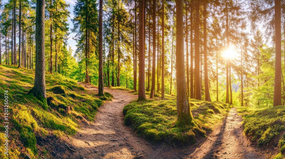 Naklejka premium Serene Forest Pathway Under Golden Sunlight - A Picturesque Woodland Trail