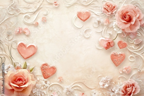 Delicate pink roses and hearts adorning a creamy backdrop, creating a romantic setting for valentine's day