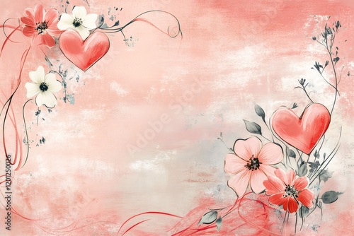 Delicate floral arrangement with hearts creates a romantic valentine's day themed image on a textured pink background