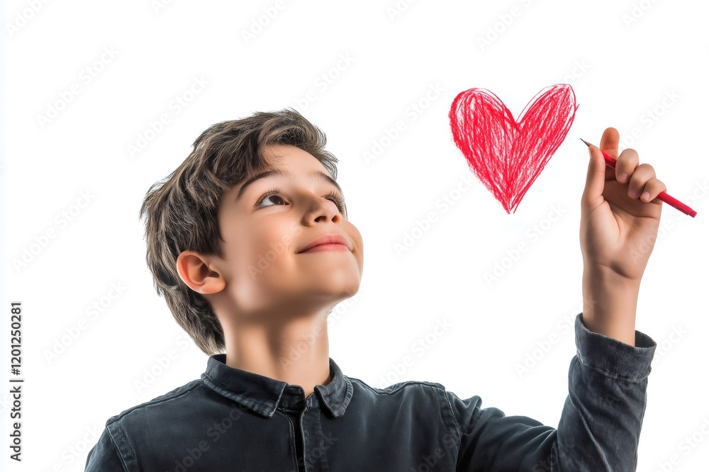 Smiling teenager drawing a big red heart with a pencil, expressing love and affection on a white background Smiling teenager drawing a big red heart with a pencil, expressing love and affection on a white background