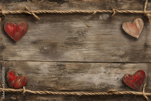 Four red wooden hearts hanging from a twine border on a rustic wooden background create a charming valentine's day scene