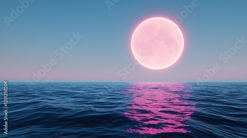A serene ocean scene with a large pink moon reflecting on water.