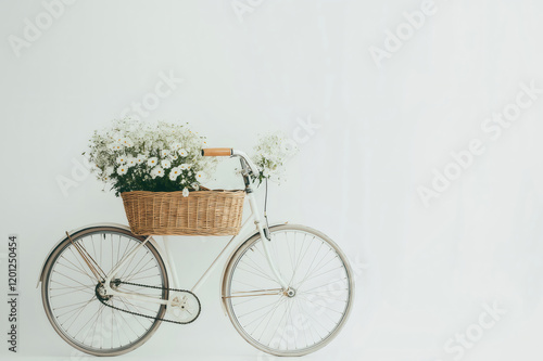 White vintage bicycle with wicker basket full of daisies and gypsophila flowers on white background, perfect for spring and summer advertising