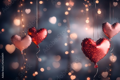 Red and pink heart shaped balloons hanging with string lights on a blurred background celebrating valentine's day
