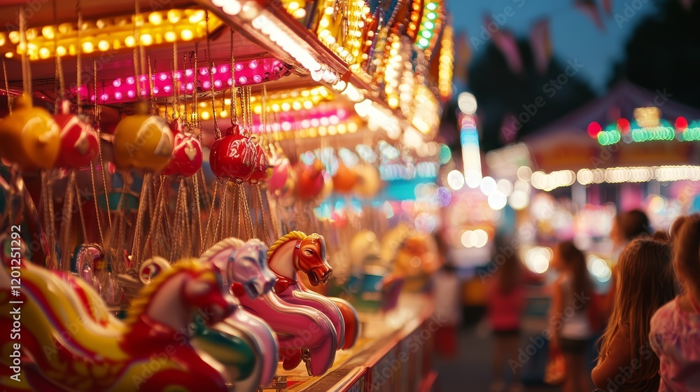 Carousel Game at Night with Colorful Lights and Horses Carousel Game at Night with Colorful Lights and Horses