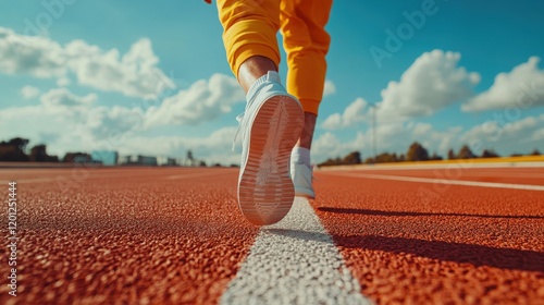 Athlete walks on the running track in yellow sportwear shoes, Generated AI