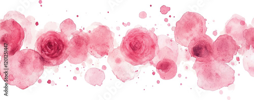 Watercolor minimalist border isolated on white, textured. Romantic border. Pink roses and soft watercolor pollen