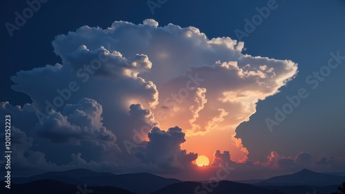 A mesmerizing sunset casts golden hues on a towering, inverted cumulonimbus cloud, its core illuminated by the radiant sun at eye level photo