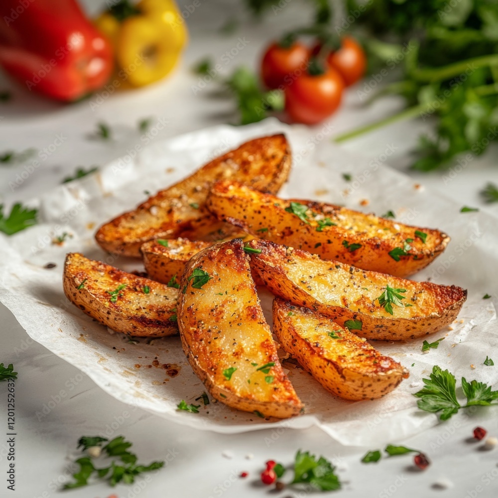 Golden Roasted Potato Wedges with Parsley and Spices on White Paper with Blurry Vegetables Golden Roasted Potato Wedges with Parsley and Spices on White Paper with Blurry Vegetables