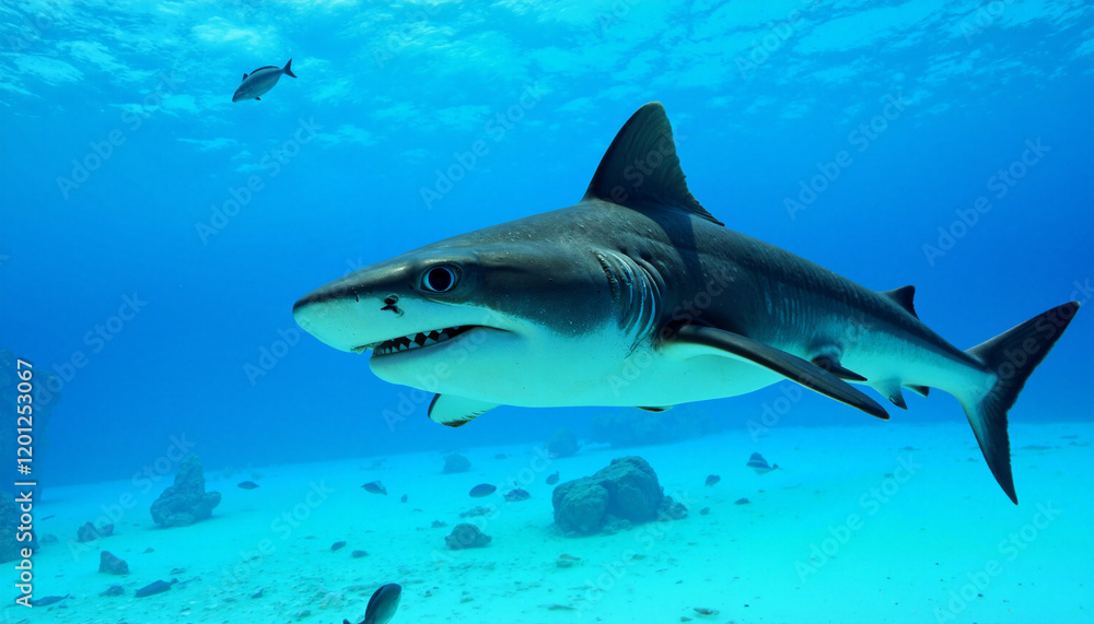 Fototapeta premium Agile hammerhead shark hunting small fish in clear blue ocean, marine predation