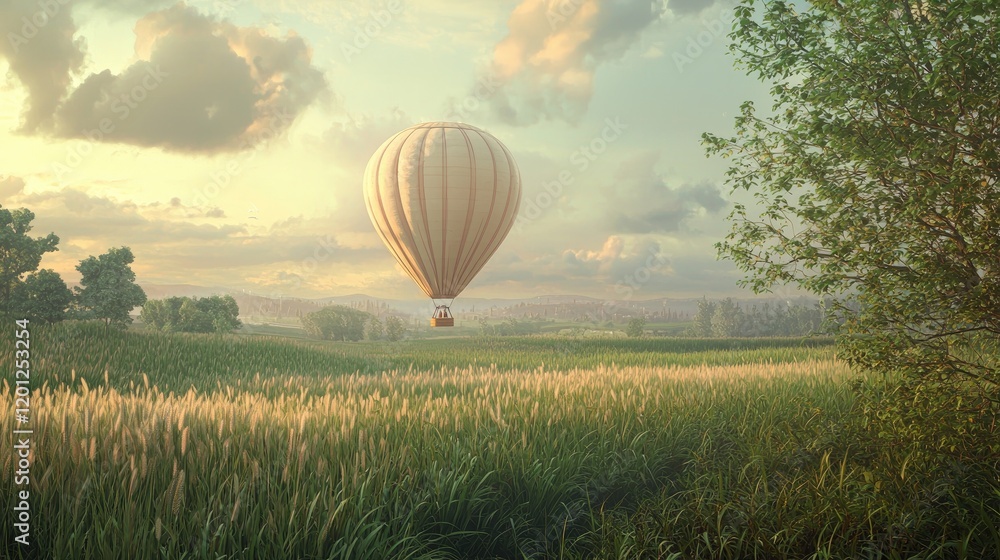 Obraz premium Serene Hot Air Balloon Ride Over Lush Green Fields at Sunset