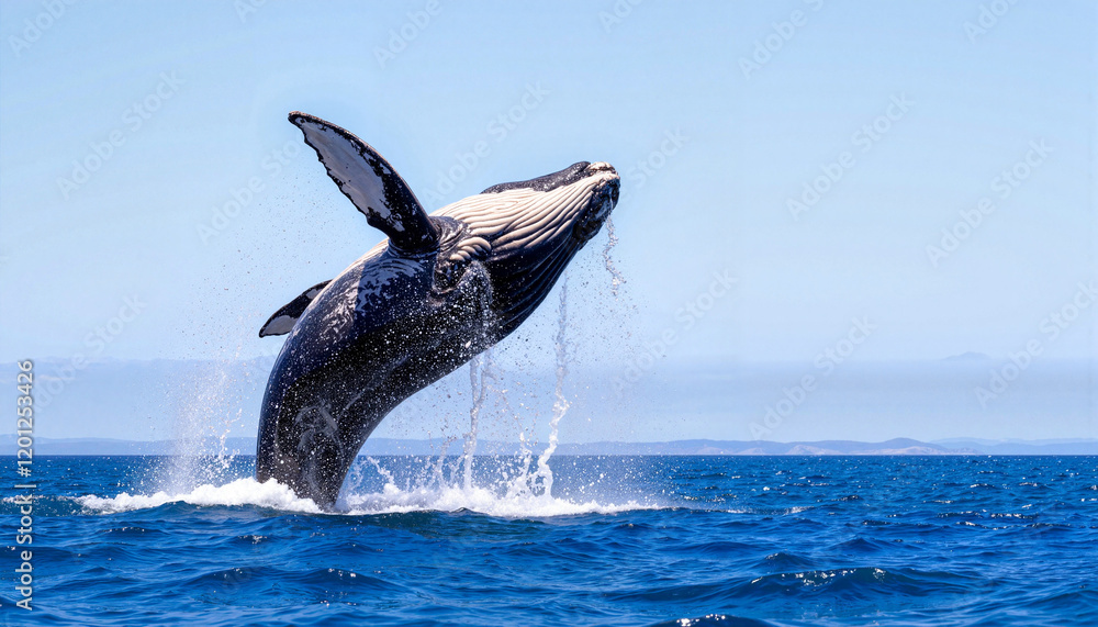 Fototapeta premium Humpback whale breaching in vast ocean under sunlight, marine beauty