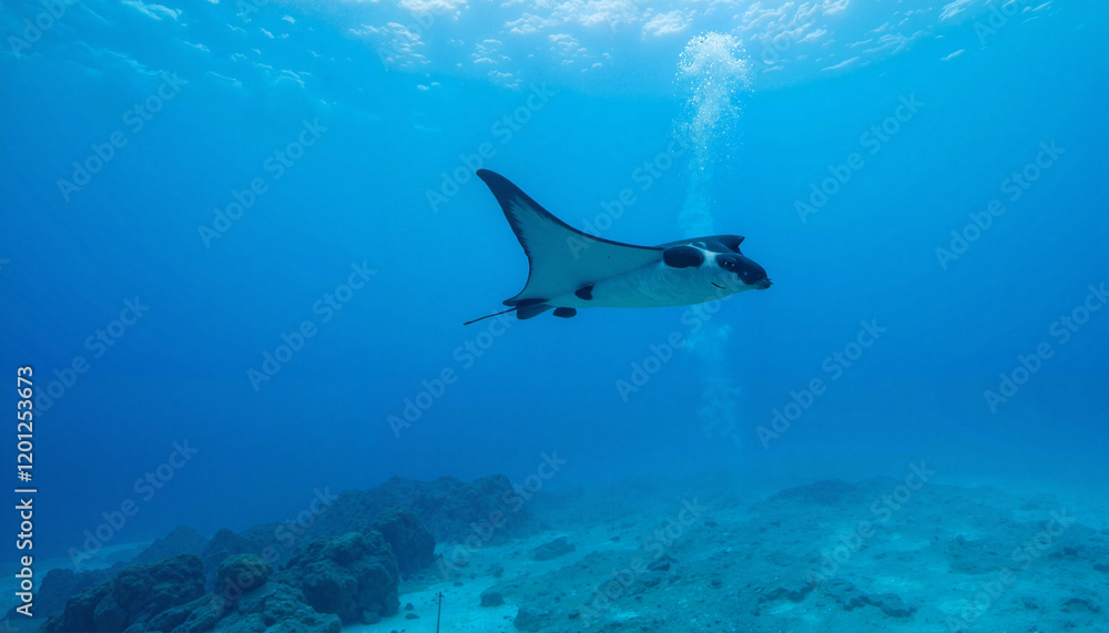 Fototapeta premium Active manta ray gliding peacefully through blue waters, marine beauty
