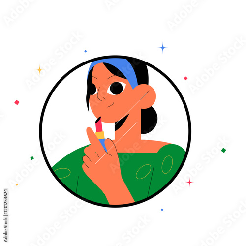 Woman Holding Lipstick In Flat Vector Illustration Symbolizing Beauty, Makeup Routine, And Self Care, Isolated On White Background