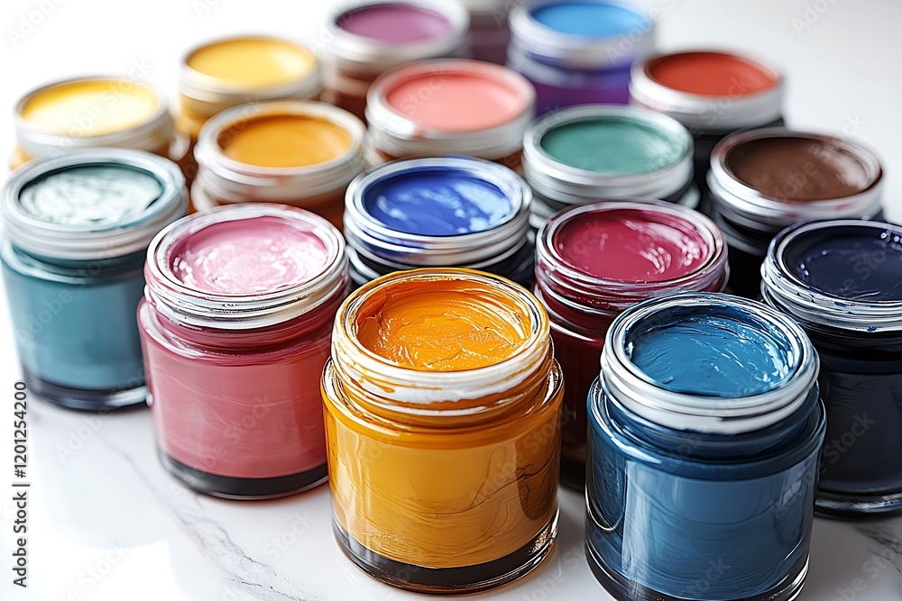 A vibrant collection of colorful paint jars, perfect for artistic endeavors and creative expressions. A vibrant collection of colorful paint jars, perfect for artistic endeavors and creative expressions.