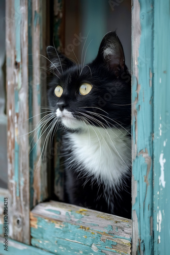Regal tuxedo cat looking out from weathered window, showcasing curiosity and charm