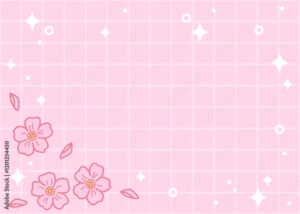 Pink background Sakura flower. Vector print for wallpaper, fabric, textile design, wrapping paper. Pink background with grid lines checkered and sparkles, Pink cherry blossom. Japanese floral design Pink background Sakura flower. Vector print for wallpaper, fabric, textile design, wrapping paper. Pink background with grid lines checkered and sparkles, Pink cherry blossom. Japanese floral design