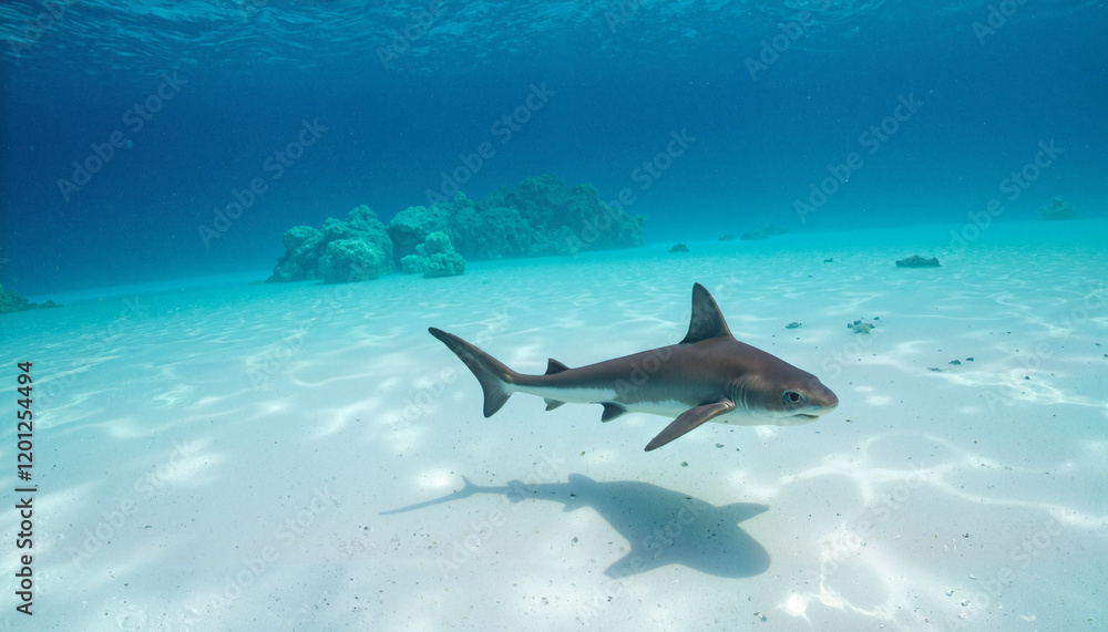 Stealthy reef shark gliding through crystal-clear lagoon, ocean beauty Stealthy reef shark gliding through crystal-clear lagoon, ocean beauty