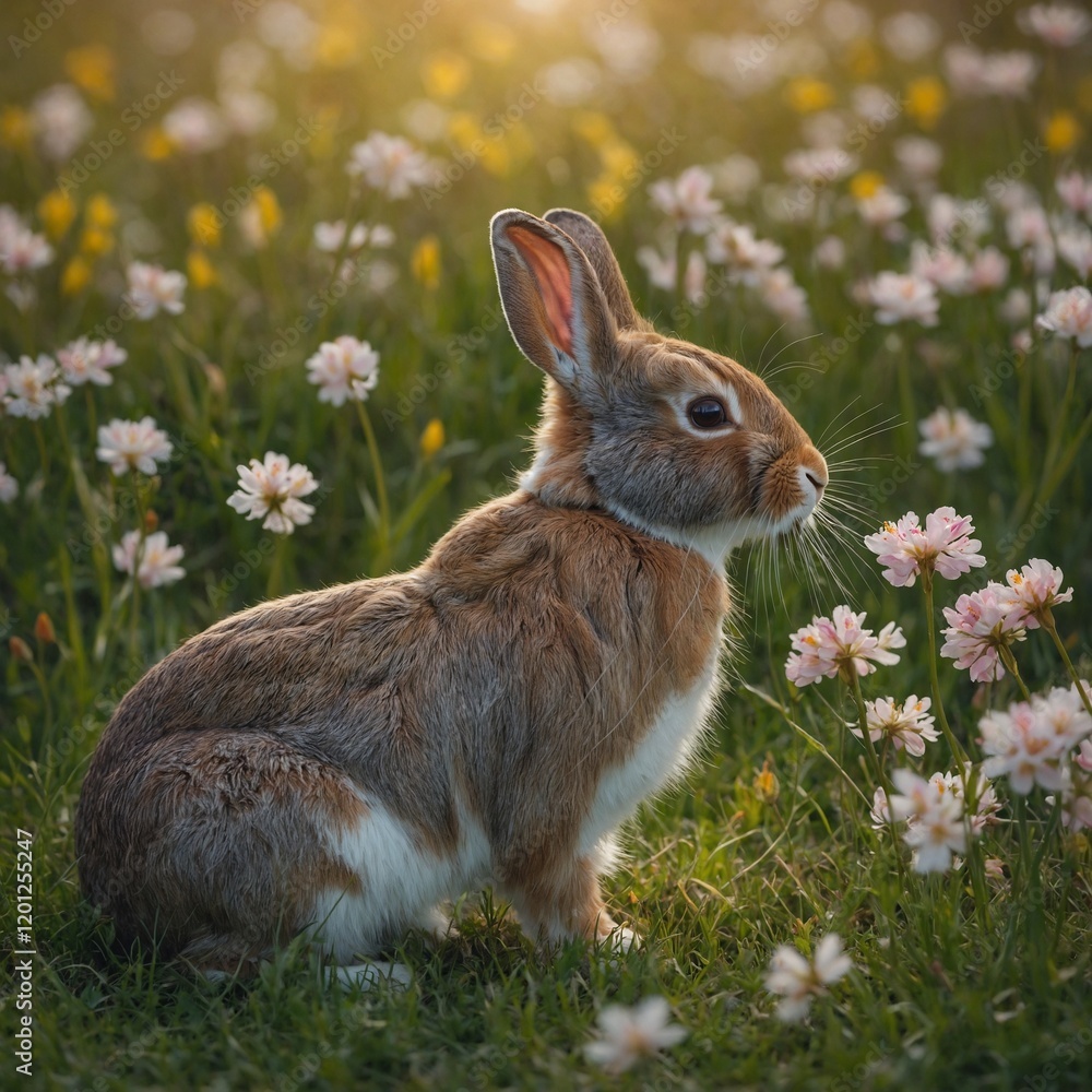 Fototapeta premium rabbit in the grass. Graceful Rabbit at Sunrise Cinematic Nature Scene. A small, fierce rabbit with its ears perked up, surrounded by spring wildflowers in a meadow. 