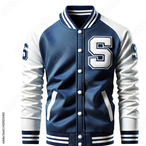 A blue and white varsity jacket with a large S on the front, isolated against a black background.