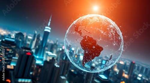 digital globe on the blurred cityscape background