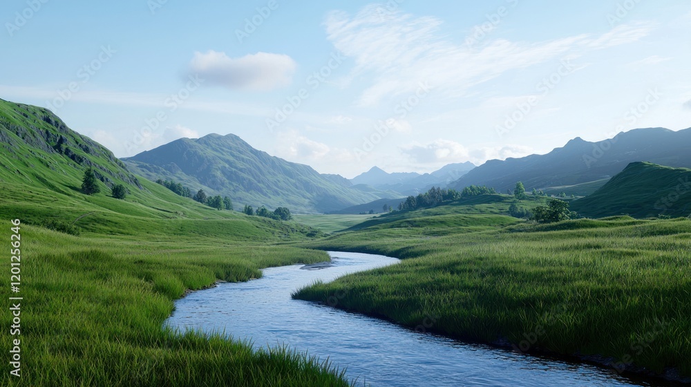 Obraz premium Serene landscape with a river flowing through green hills.