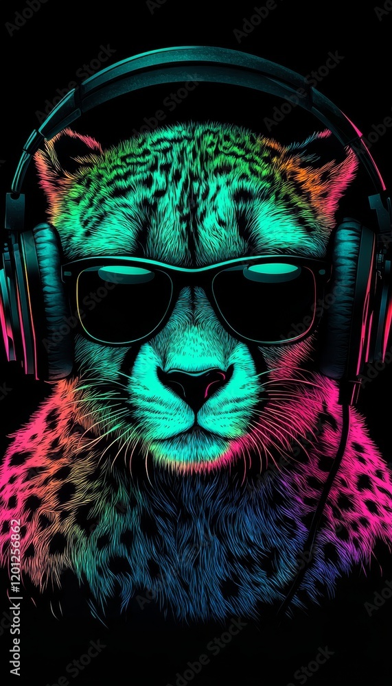 Fototapeta premium Neon Party Animal Stylish Cheetah Portrait with Headphones and Sunglasses on Black Background.