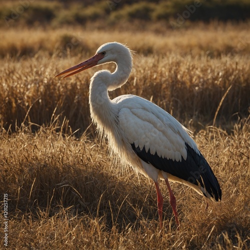 A stork standing amidst tall grasses, blending into its natural habitat. Bociany na polu, Szwajcaria Kaszubska. photo