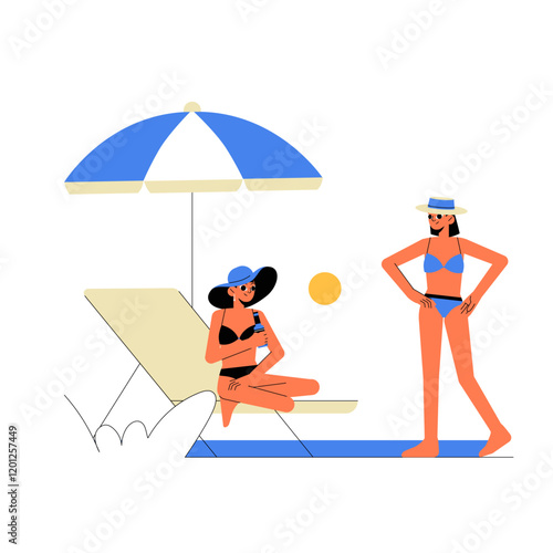 Two Women Relaxing On A Beach With Sunbed And Umbrella In Flat Vector Illustration Symbolizing Vacation, Relaxation, And Summer Leisure, Isolated On White Background.