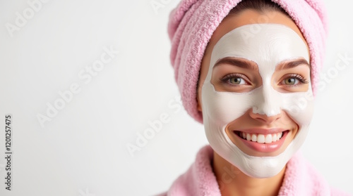 A Woman in a pink robe and a towel on her head with a beauty mask on her face. Nourishing and moisturizing mask on face. Skin and hair care after shower, body care, beauty salon. Women Beauty Image. photo