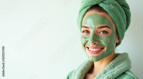 A Woman in a green robe and a towel on her head with a green mask on her face. Nourishing and moisturizing face mask . Skin care after shower, body care, beauty salon. Women Beauty Image. photo