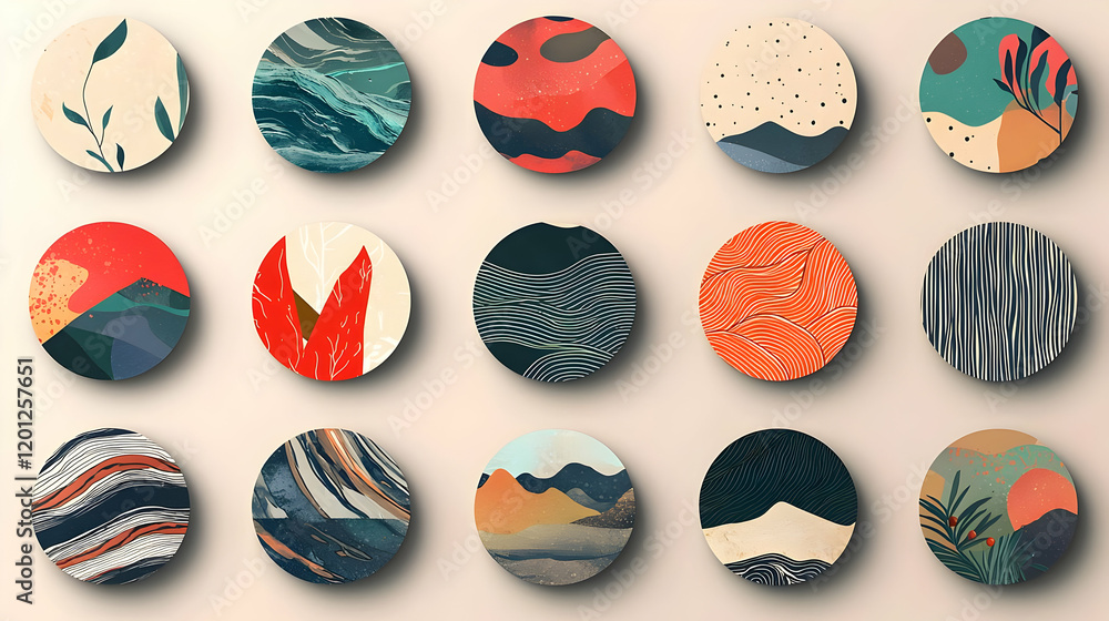 Naklejka premium A collection of round roll stickers with customizable designs, presented in a minimalist setting.