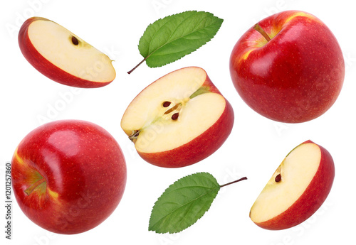 red apple (Envy Apple), half, slice and leaves isolated, fresh red apple, transparent PNG, PNG format
