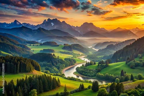 Wallpaper Mural Majestic Highland Landscape: Dramatic Peaks and Serene Valley at Dawn Torontodigital.ca