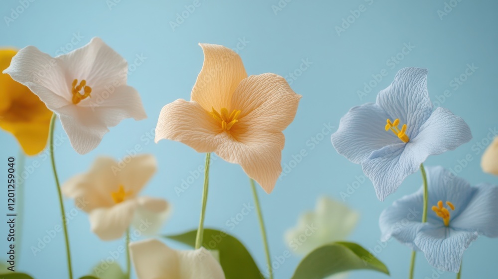 Fototapeta premium Tender Trillium flowers, pastel floral wallpaper, cotton fabric texture, delicate aesthetic effect