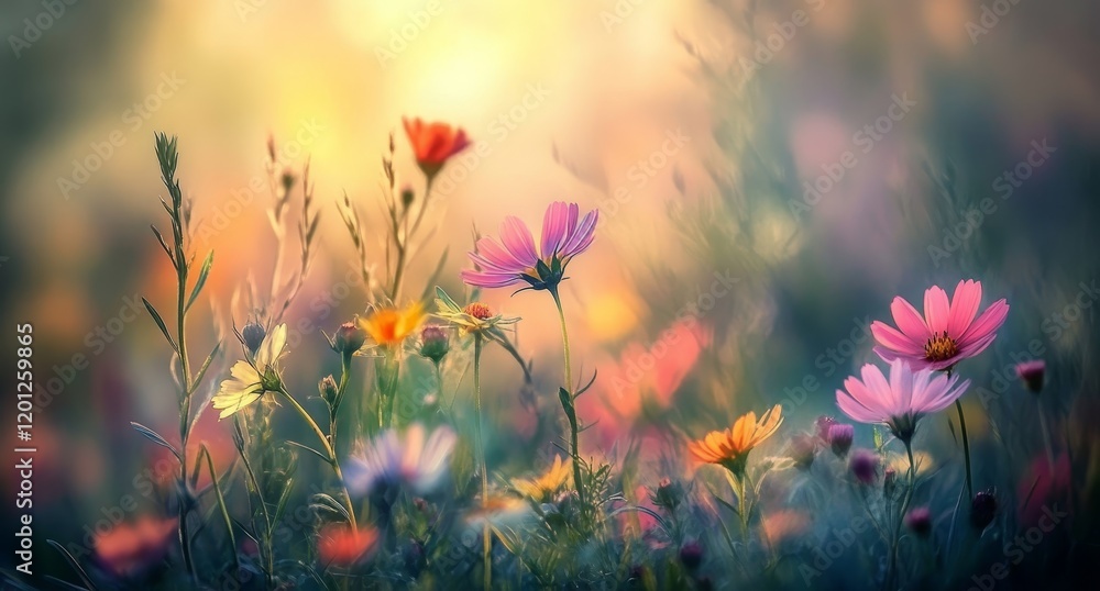 Vibrant wildflowers bathed in warm sunset light, creating a dreamy, peaceful scene. Vibrant wildflowers bathed in warm sunset light, creating a dreamy, peaceful scene.