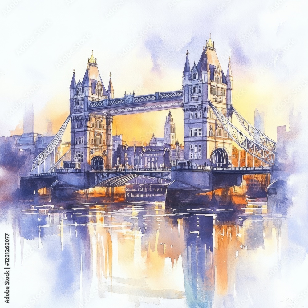 Fototapeta premium Tower Bridge Watercolor Painting Cityscape London Architecture Artistic Impression Landmark