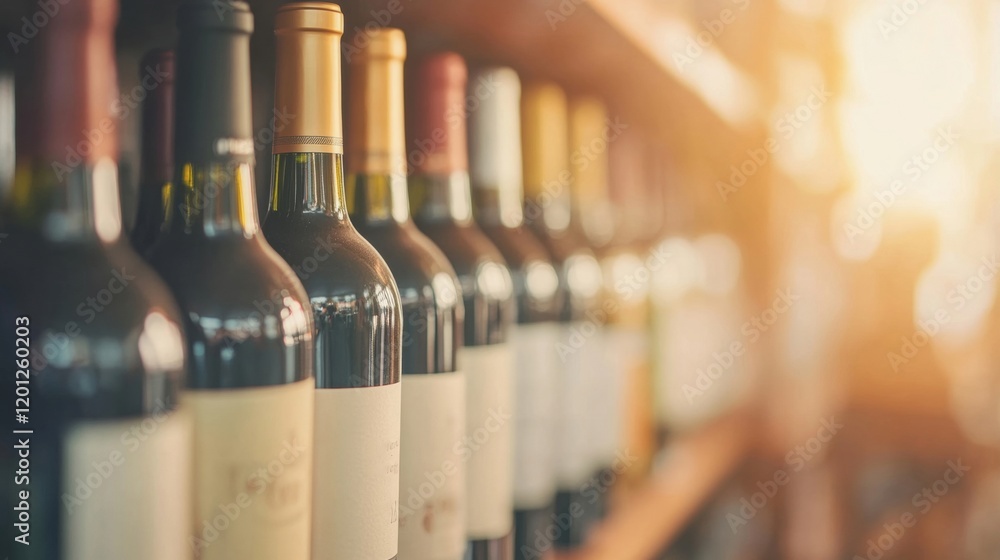 custom made wallpaper toronto digitalRows of wine bottles with varying colors and labels are displayed on shelves, illuminated by soft, warm lighting in a retail setting