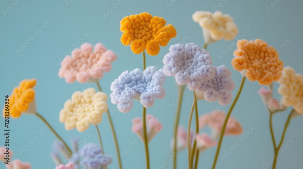 Obraz premium Tender Yarrow flowers, pastel floral wallpaper, cotton fabric texture, delicate aesthetic effect