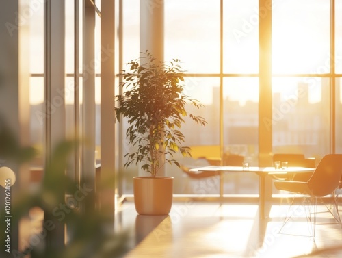 Wallpaper Mural Sunlit modern office space with plant and table near large windows at sunset Torontodigital.ca
