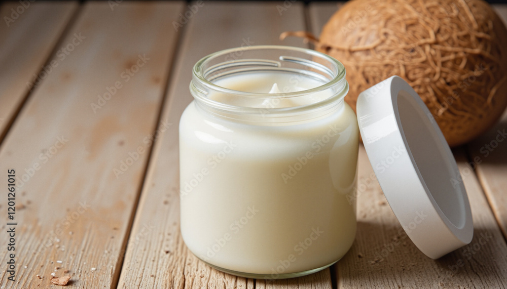 Close-up of a jar of natural coconut oil with the lid slightly open, placed on a rustic wooden surface with a coconut in the background, showcasing organic beauty and wellness products Close-up of a jar of natural coconut oil with the lid slightly open, placed on a rustic wooden surface with a coconut in the background, showcasing organic beauty and wellness products